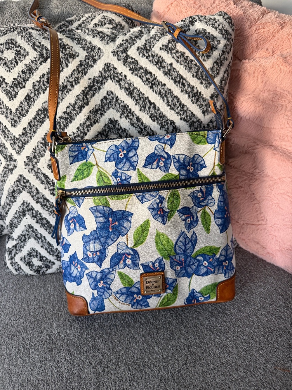 Dooney & Bourke White Blue Floral Crossbody with Tan Trim